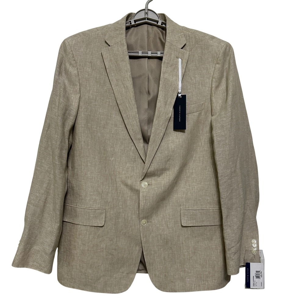 TOMMY HILFIGER Mens Blazer Sport Coat 2-Button Suit Jacket 48L 100% Linen Tan